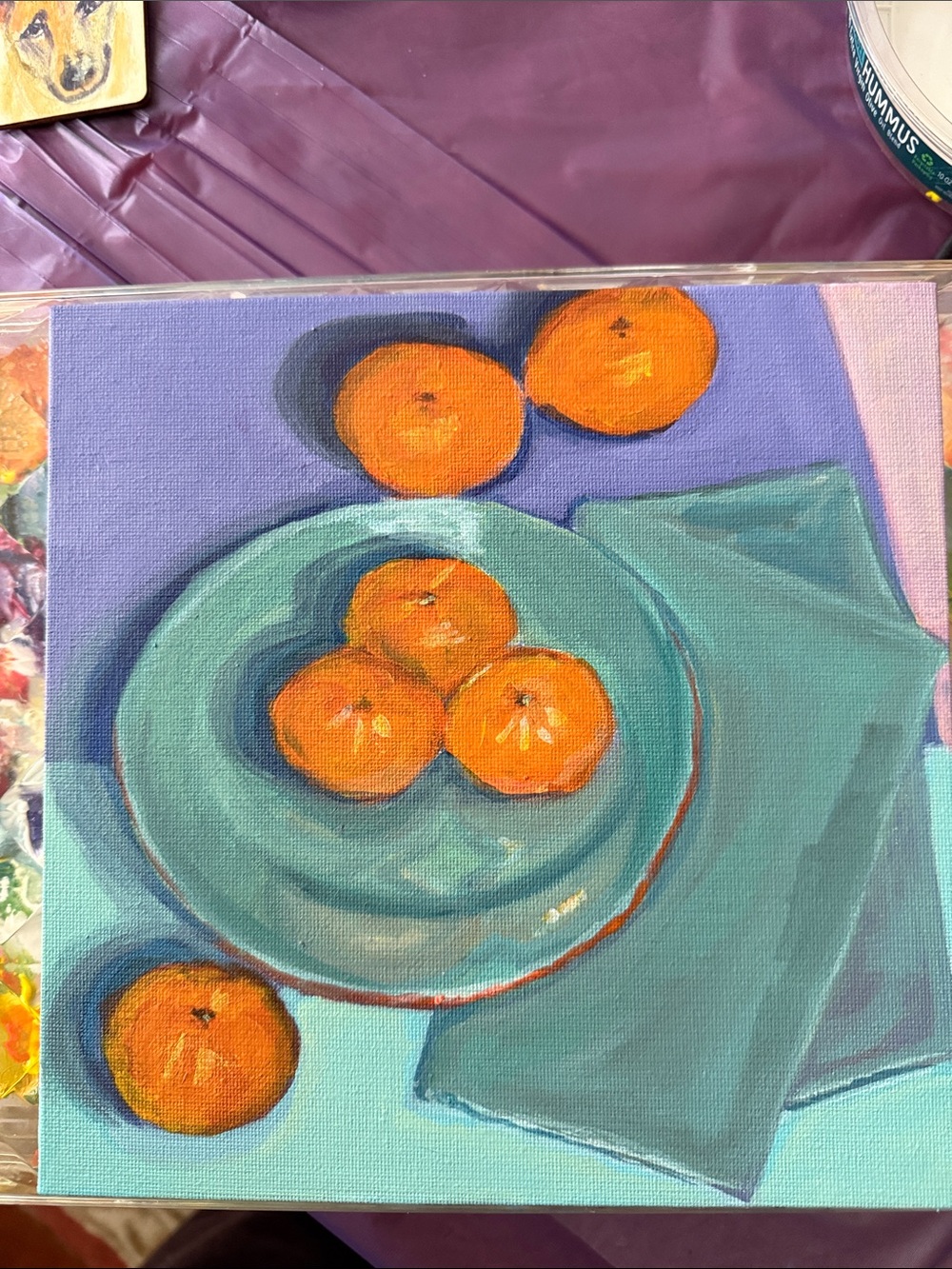 Still Life Orange Fruit Canvas Art in Teal and Blue